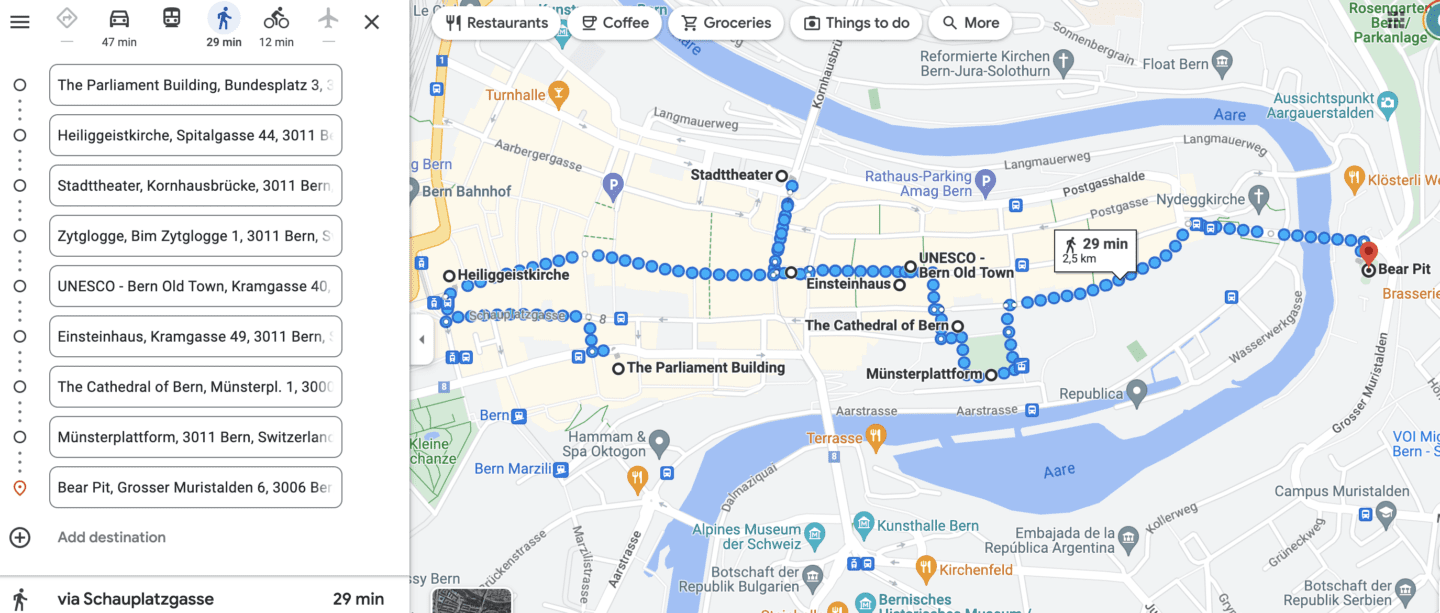 One day in Bern itinerary map - best things to do in Bern in 1 day